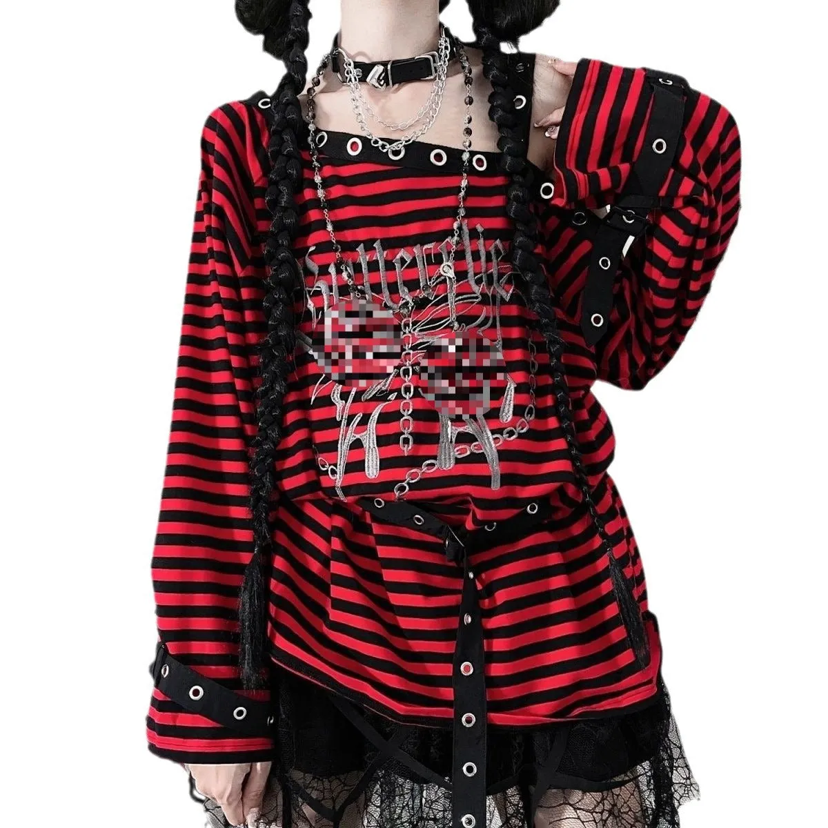 Uniwim y2k Rabbit Assassin Virtual Butterfly Asian Culture Hot Girl Punk Loose off-Shoulder Embroidered Black and Red Striped Early Autumn Long-Sleeved Top