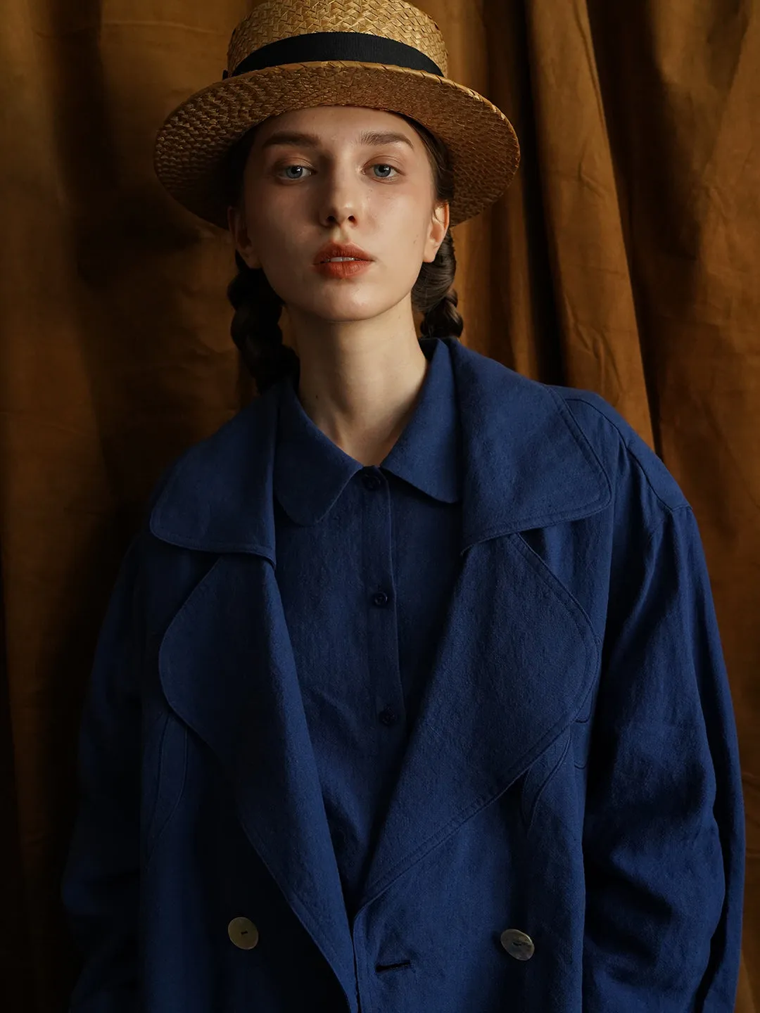 Unlogical Poem Hand-embroidered Bow-knot Appliques Blue Hemp Trench coat