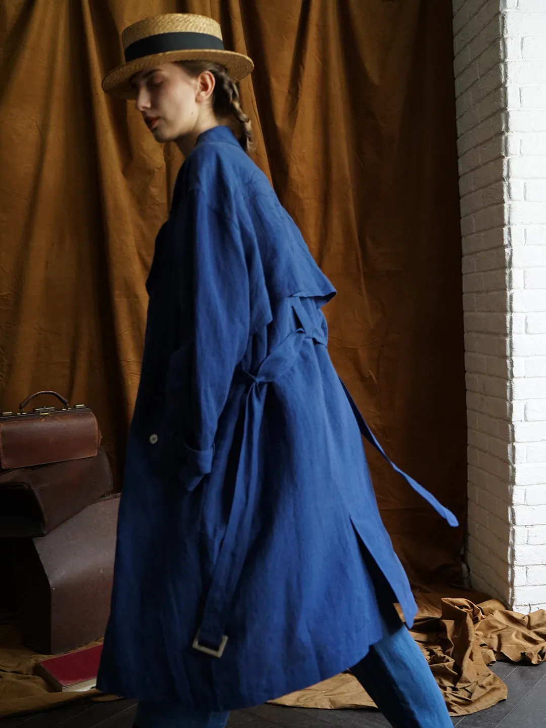 Unlogical Poem Hand-embroidered Bow-knot Appliques Blue Hemp Trench coat