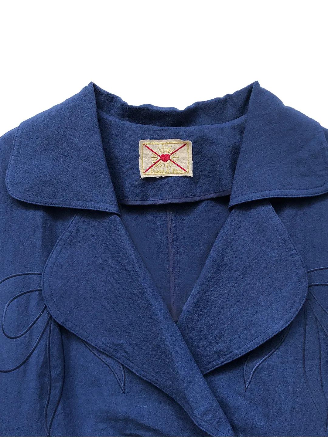 Unlogical Poem Hand-embroidered Bow-knot Appliques Blue Hemp Trench coat