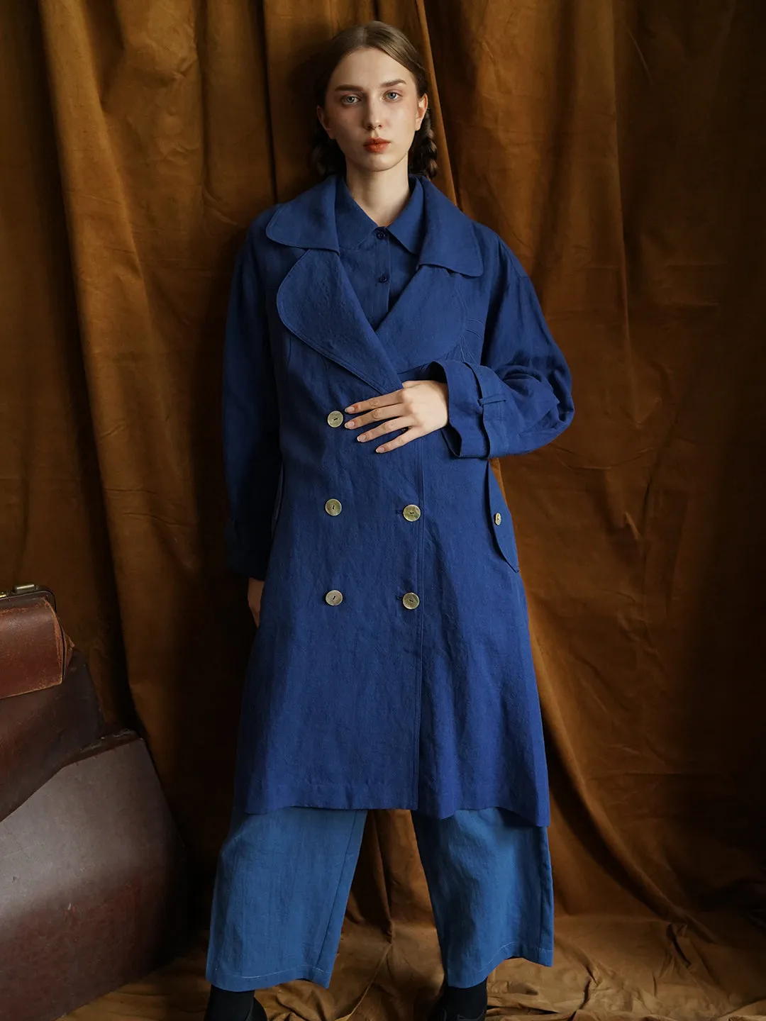 Unlogical Poem Hand-embroidered Bow-knot Appliques Blue Hemp Trench coat