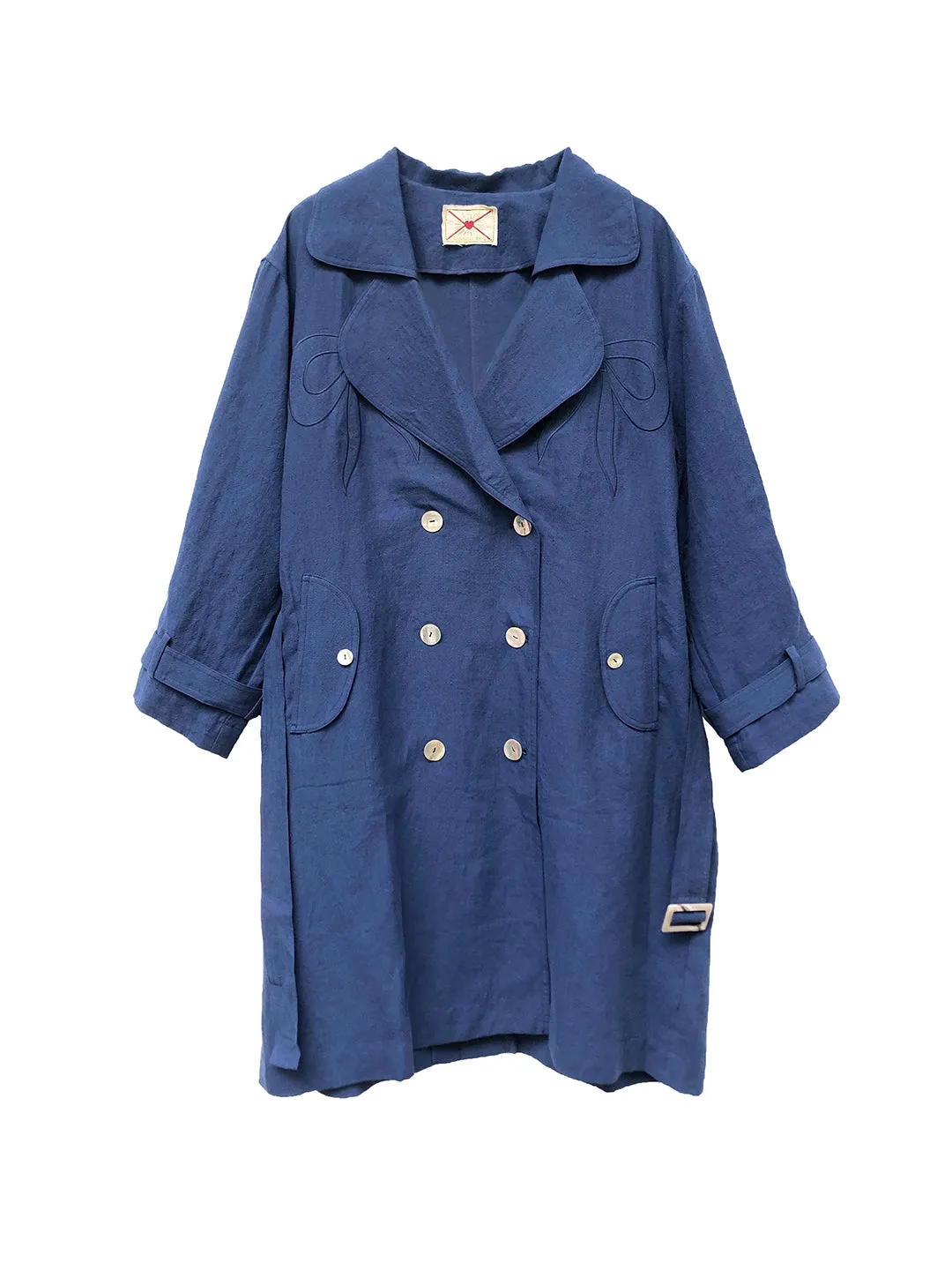 Unlogical Poem Hand-embroidered Bow-knot Appliques Blue Hemp Trench coat