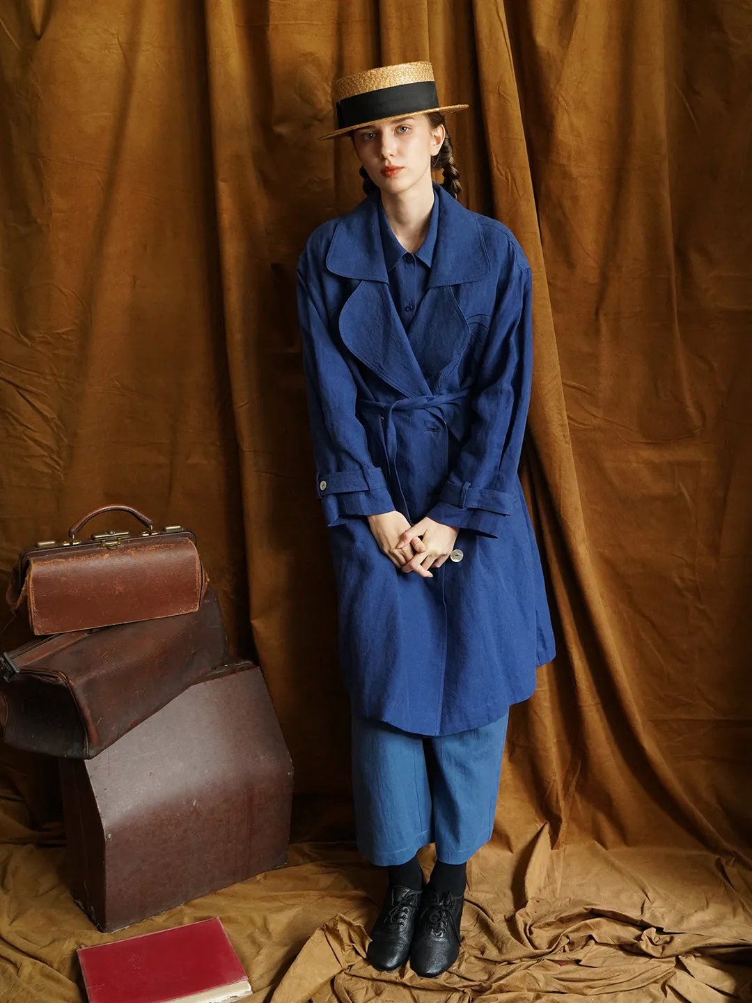 Unlogical Poem Hand-embroidered Bow-knot Appliques Blue Hemp Trench coat