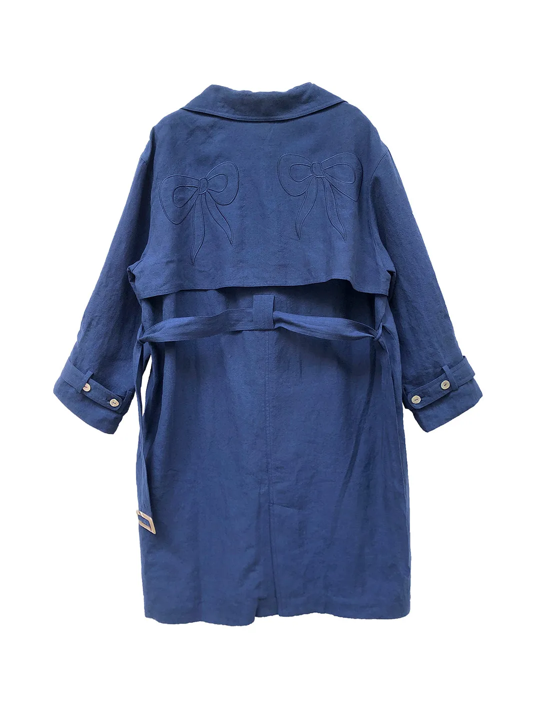 Unlogical Poem Hand-embroidered Bow-knot Appliques Blue Hemp Trench coat