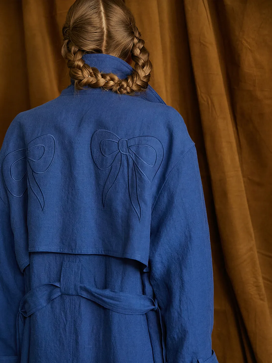 Unlogical Poem Hand-embroidered Bow-knot Appliques Blue Hemp Trench coat