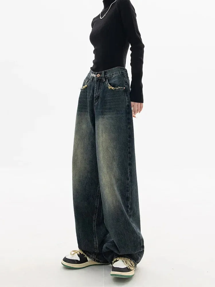 Vintage BF Style Streetwear Loose Fashion Femme Wide Leg Denim Jeans