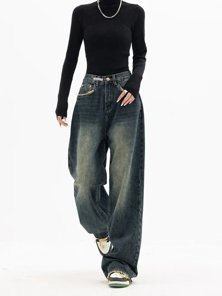 Vintage BF Style Streetwear Loose Fashion Femme Wide Leg Denim Jeans