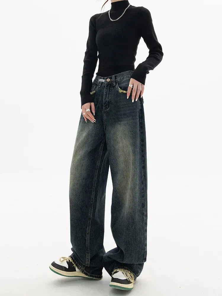 Vintage BF Style Streetwear Loose Fashion Femme Wide Leg Denim Jeans