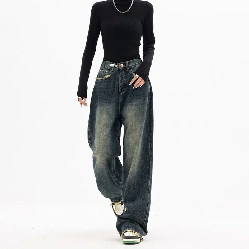 Vintage BF Style Streetwear Loose Fashion Femme Wide Leg Denim Jeans