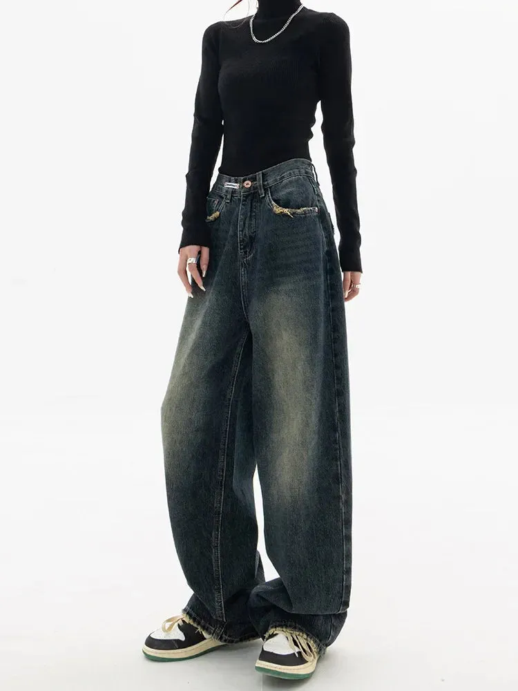 Vintage BF Style Streetwear Loose Fashion Femme Wide Leg Denim Jeans