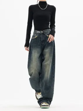 Vintage BF Style Streetwear Loose Fashion Femme Wide Leg Denim Jeans