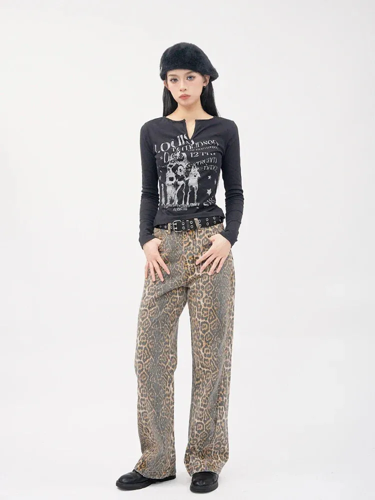 Vintage Leopard Print Wide Leg Denim Jeans