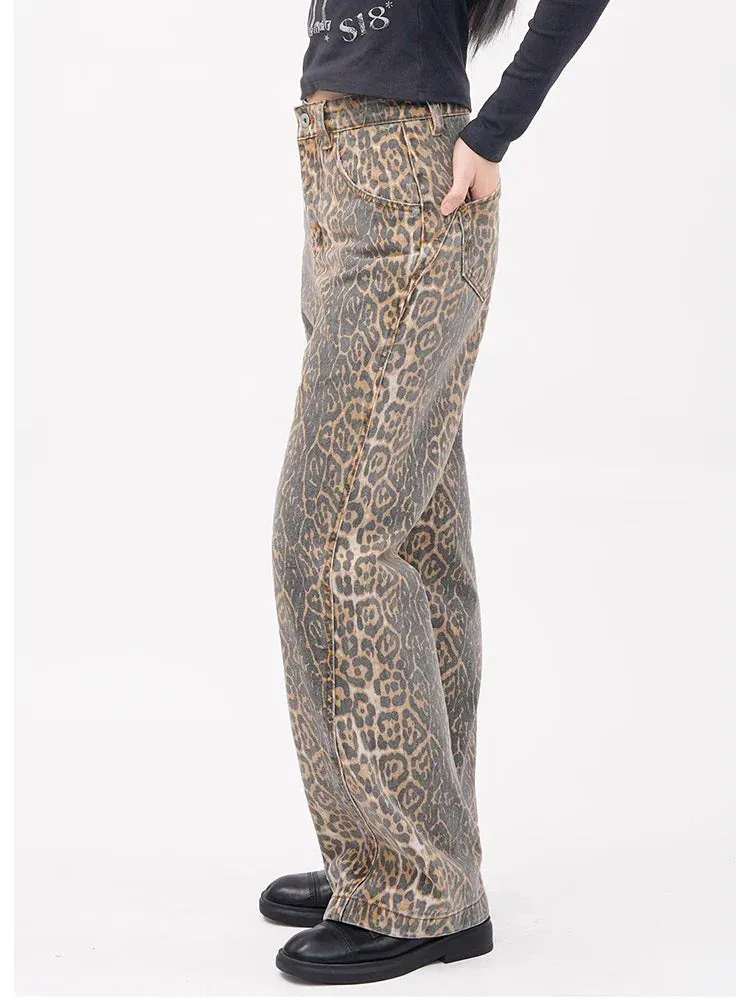 Vintage Leopard Print Wide Leg Denim Jeans