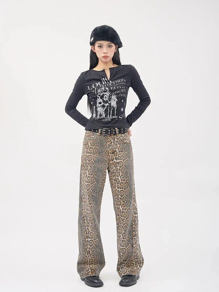 Vintage Leopard Print Wide Leg Denim Jeans