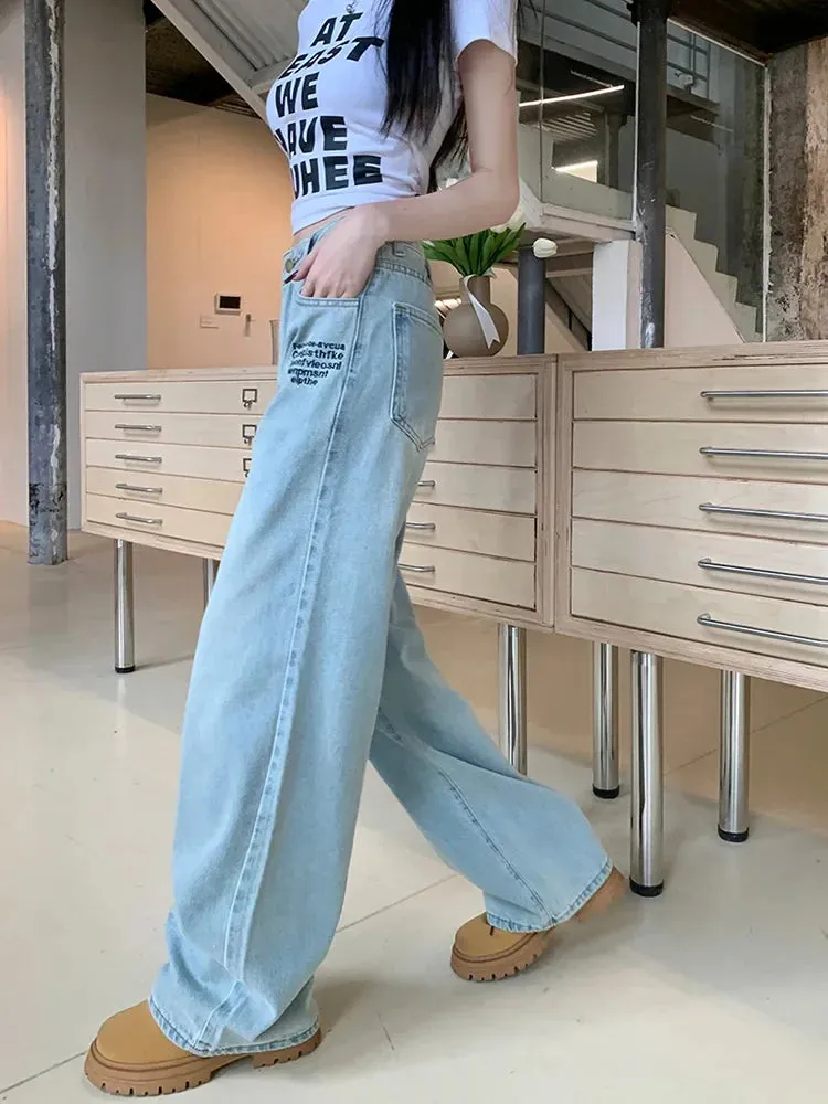 Vintage Letter Straight For Women 2024 Spring Streetwear High Waist Long Jeans