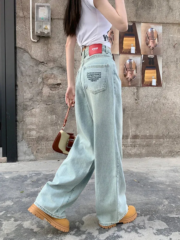 Vintage Letter Straight For Women 2024 Spring Streetwear High Waist Long Jeans