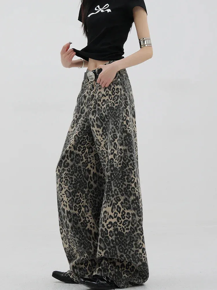 Vintage Streetwear High Waisted Wide Leg Jeans with Leopard Print