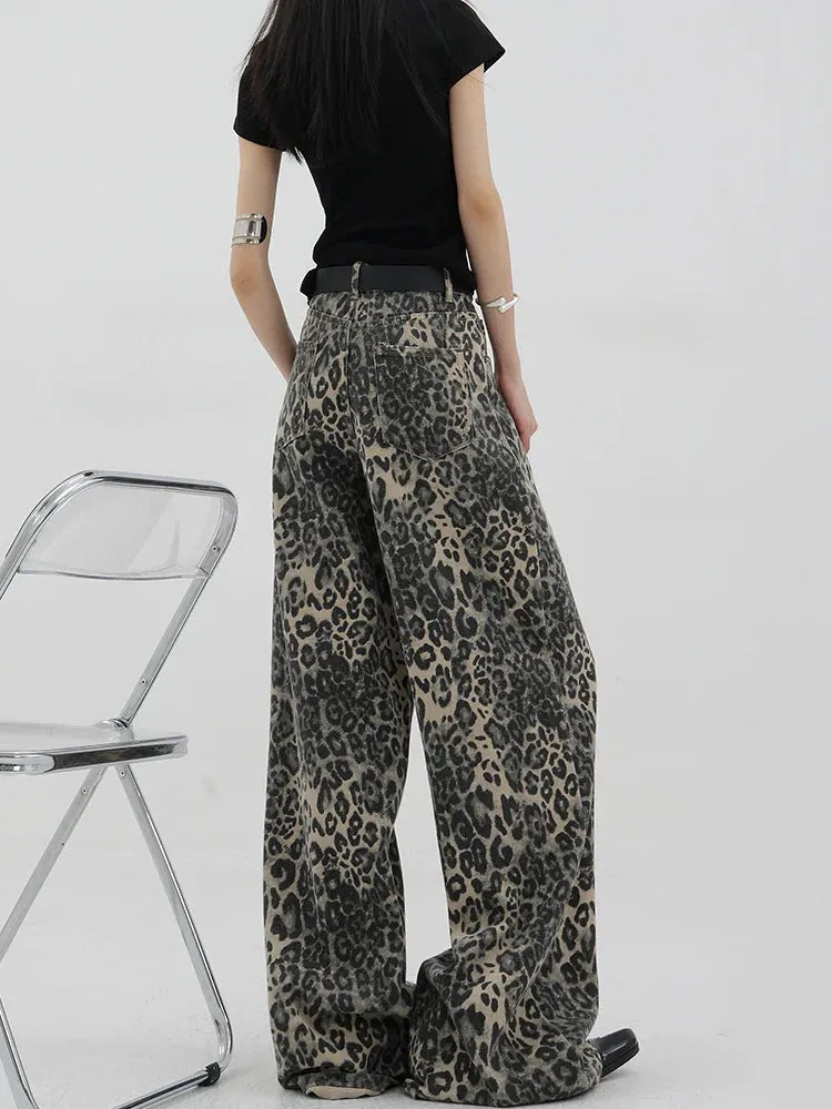 Vintage Streetwear High Waisted Wide Leg Jeans with Leopard Print