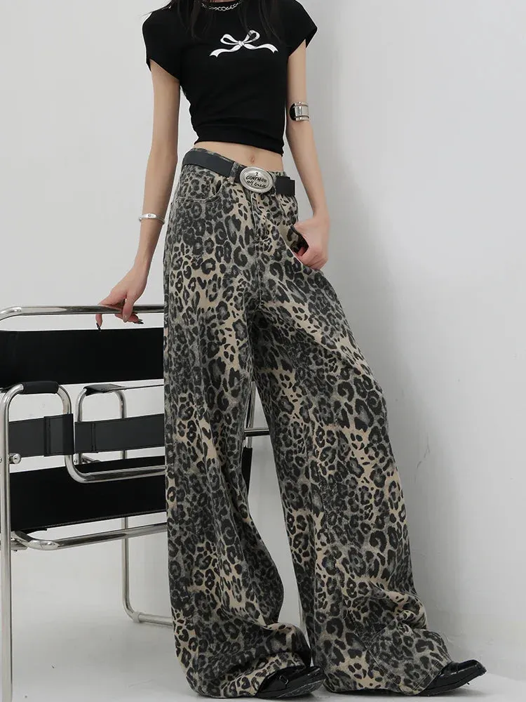 Vintage Streetwear High Waisted Wide Leg Jeans with Leopard Print