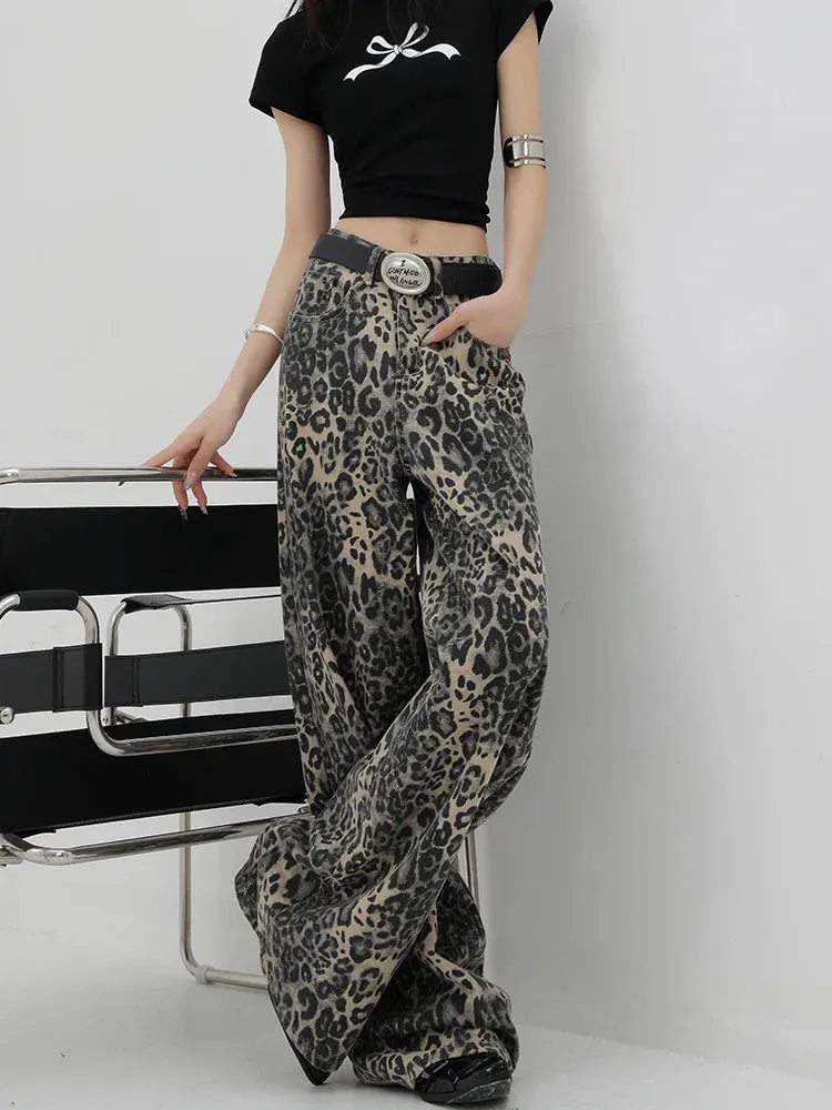 Vintage Streetwear High Waisted Wide Leg Jeans with Leopard Print