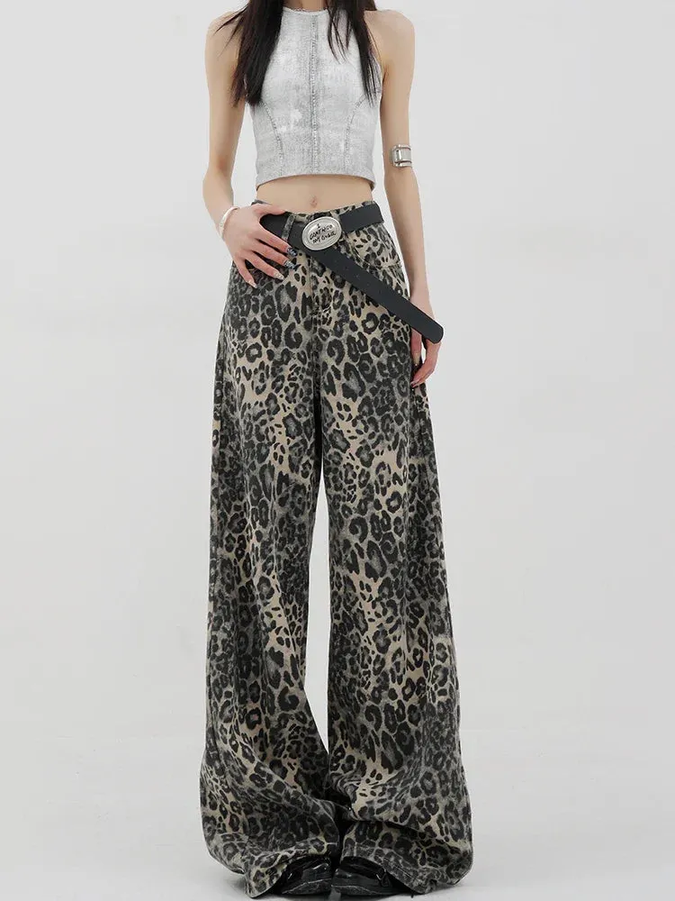 Vintage Streetwear High Waisted Wide Leg Jeans with Leopard Print