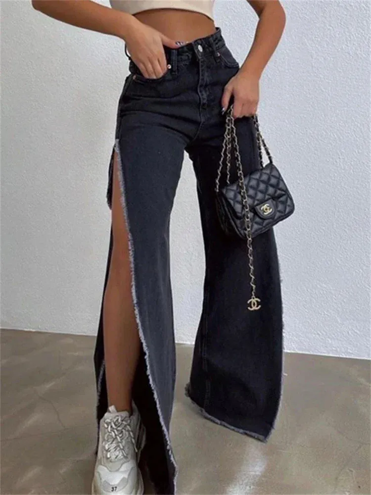 Waisted High Loose Side Summer Wide Long Out Streetwear Casual Black Split Baggy Jeans