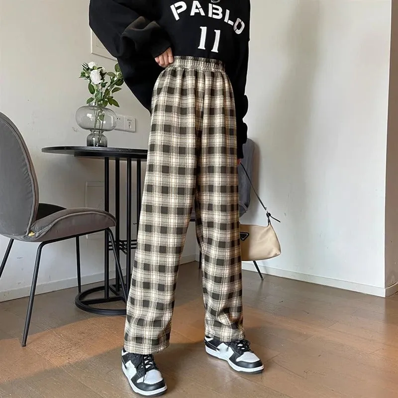 Warm and Cozy Casual Thick Plaid Wide Leg Trouser Pants