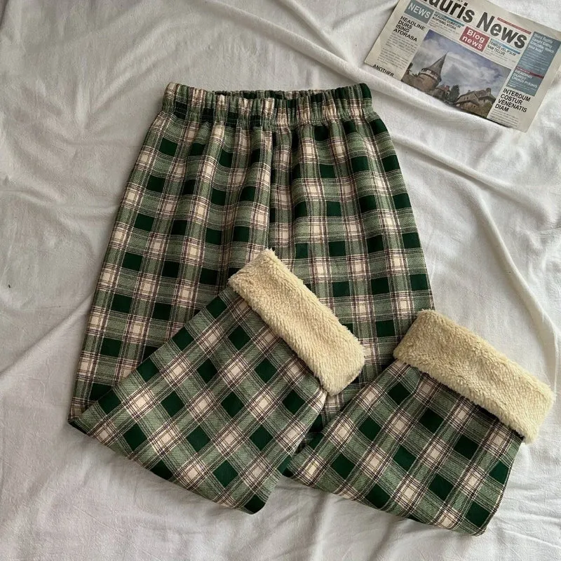 Warm and Cozy Casual Thick Plaid Wide Leg Trouser Pants