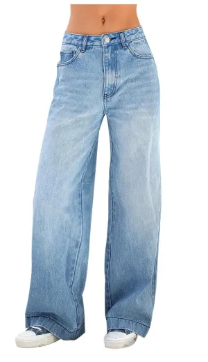 Wenkouban Vintage Blue Versatile Boyfriend Jeans with Wash Effect