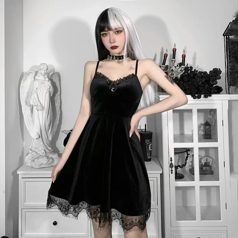 Wenkouban Vintage Velvet Bow-Knot Dress Sexy Goth Girls Women Black Spaghetti Strap Sexy Sleeveless Mini Short Dresses Punk Streetwear