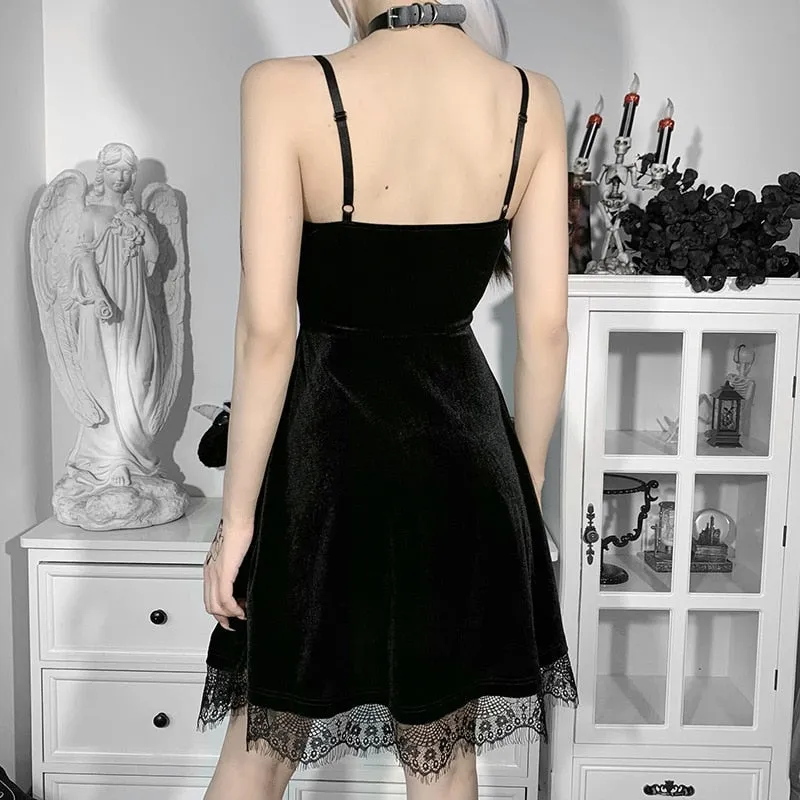 Wenkouban Vintage Velvet Bow-Knot Dress Sexy Goth Girls Women Black Spaghetti Strap Sexy Sleeveless Mini Short Dresses Punk Streetwear