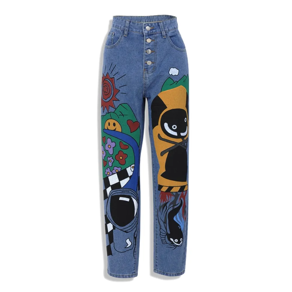 Wenkouban Women’s Cartoon Jeans Spring Women Printed Casual Trousers Long Pant Single Breasted Vintage Female Hight Waist Denim Jeans