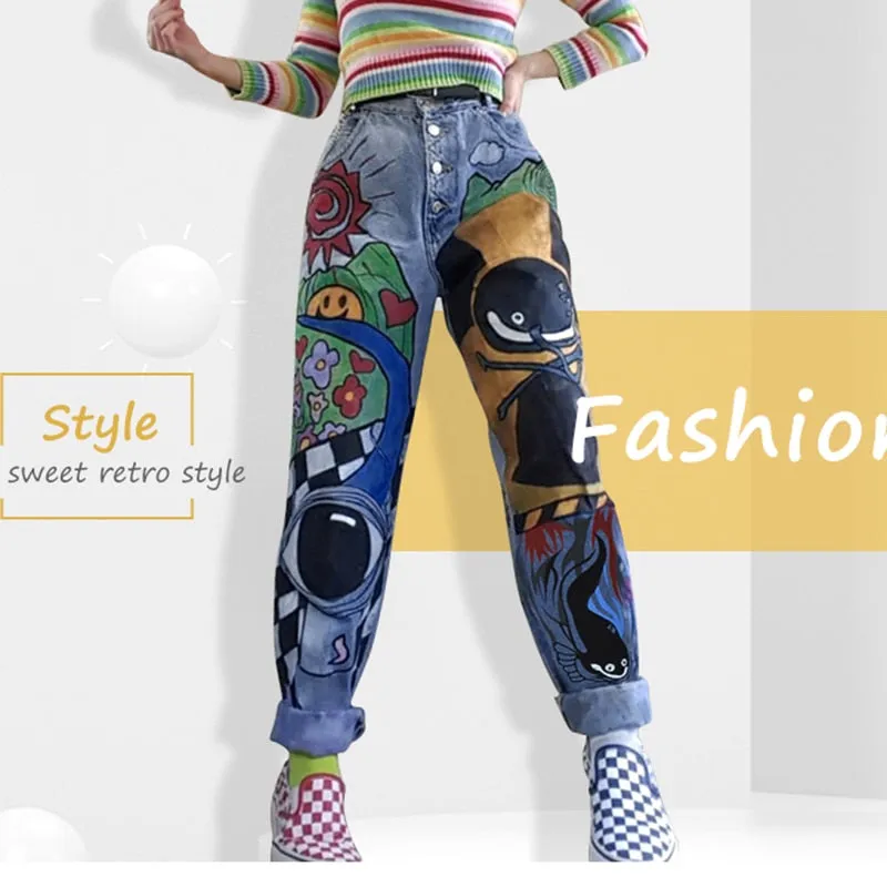 Wenkouban Women’s Cartoon Jeans Spring Women Printed Casual Trousers Long Pant Single Breasted Vintage Female Hight Waist Denim Jeans