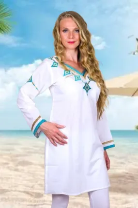 White with Turquoise ‘Nefertiti In Ibiza’ Cotton Kaftan