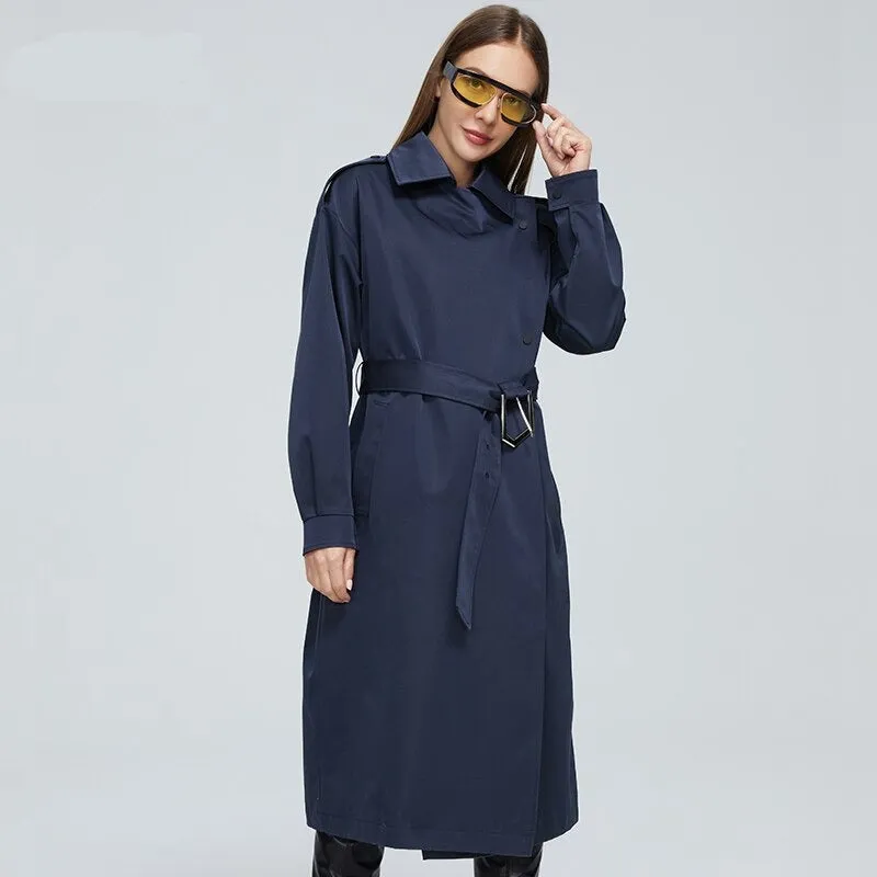 Wjczt women's spring jackets 2022 blue Classic Double Business Top Windbreaker long belt autumn trench coat women Outerwear DS07