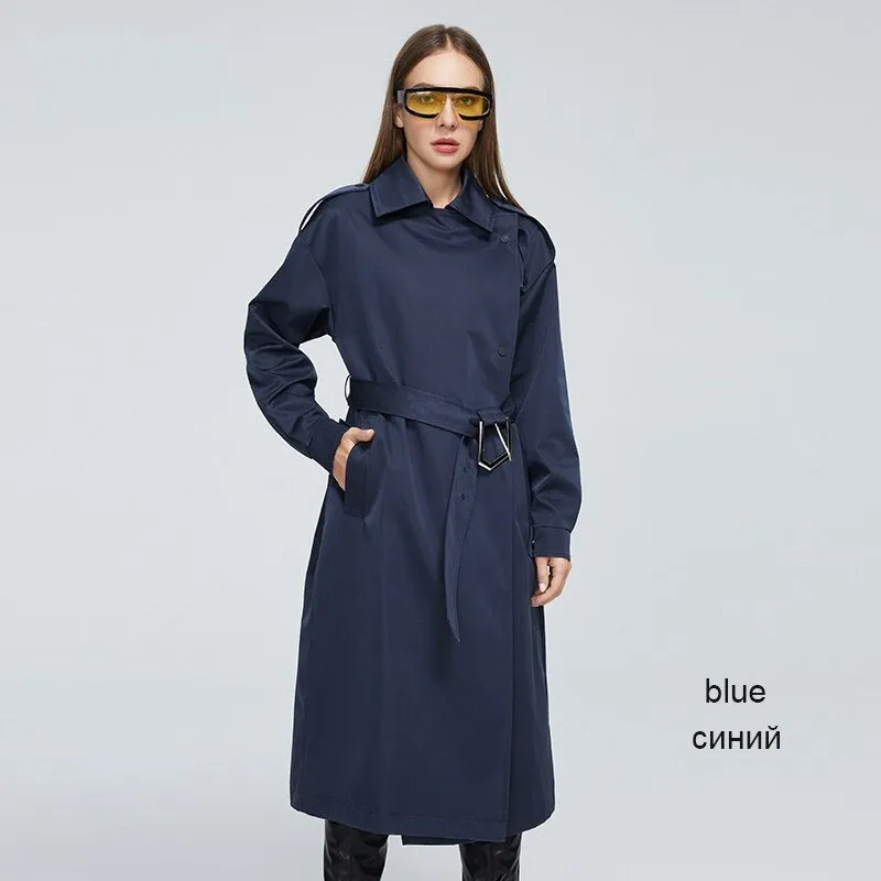 Wjczt women's spring jackets 2022 blue Classic Double Business Top Windbreaker long belt autumn trench coat women Outerwear DS07