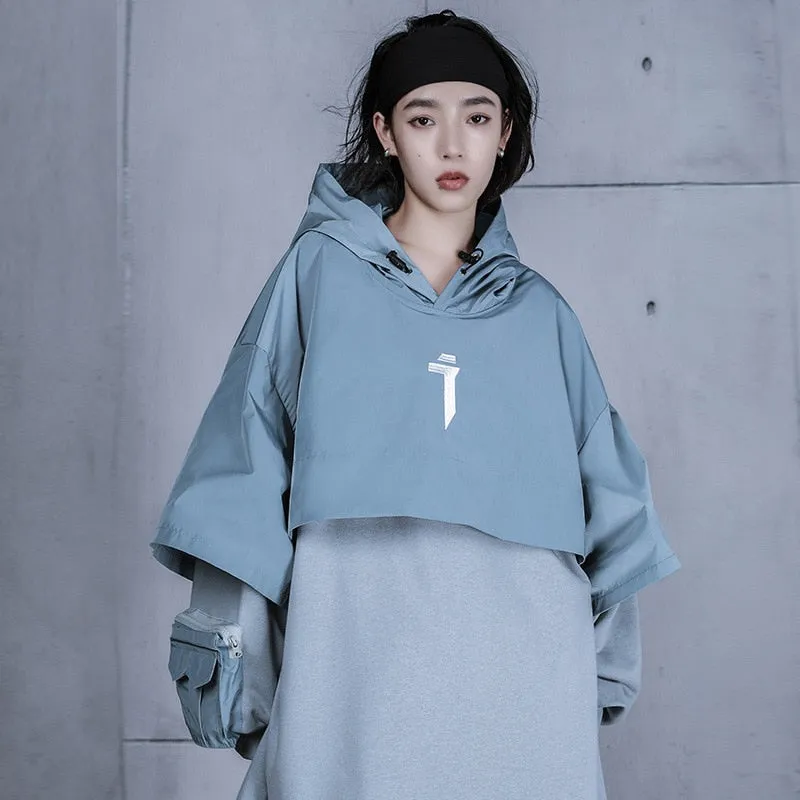 Women Fake two Pieces Sweatshirts Hoodie Oversized Techwear Embroidery Function Pullover Hip Hop Streetwear