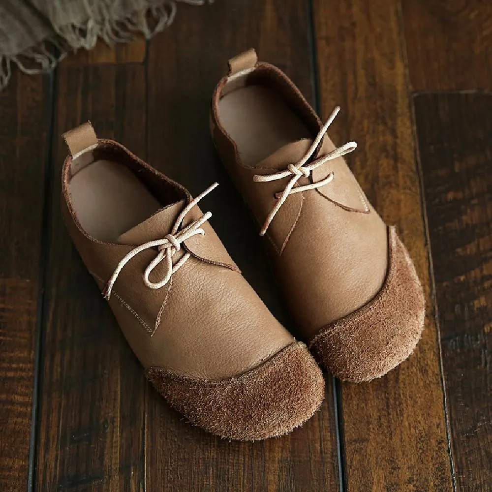 Women Loafers Calf Leather Lace-Up Breathable Casual Flat Shoes Coffee/Apricot