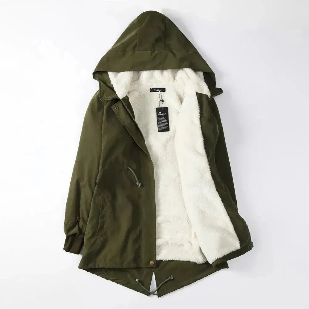 Women Work Hooded collar up Winter Jacket Woolen Lining