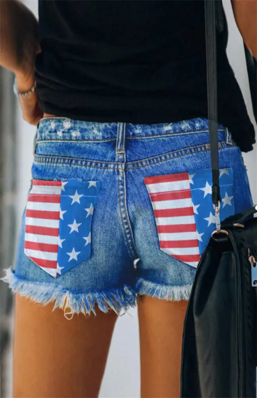 Women's American Flag Pocket Distressed Raw Hem Denim Shorts