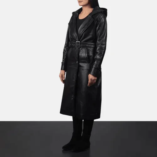 Womens Black Hooded Leather Trench Coat