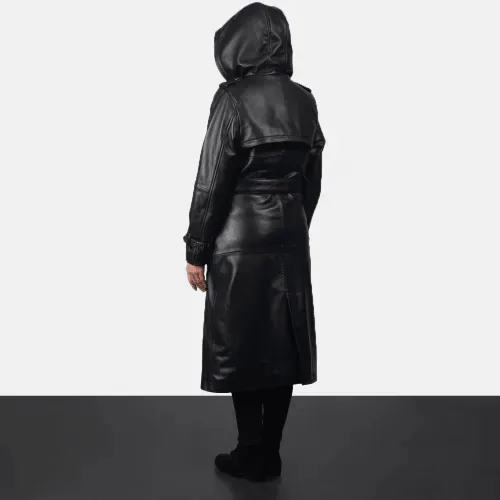 Womens Black Hooded Leather Trench Coat