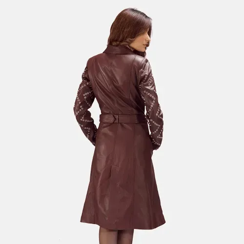 Womens Burgundy Leather Trench Coat