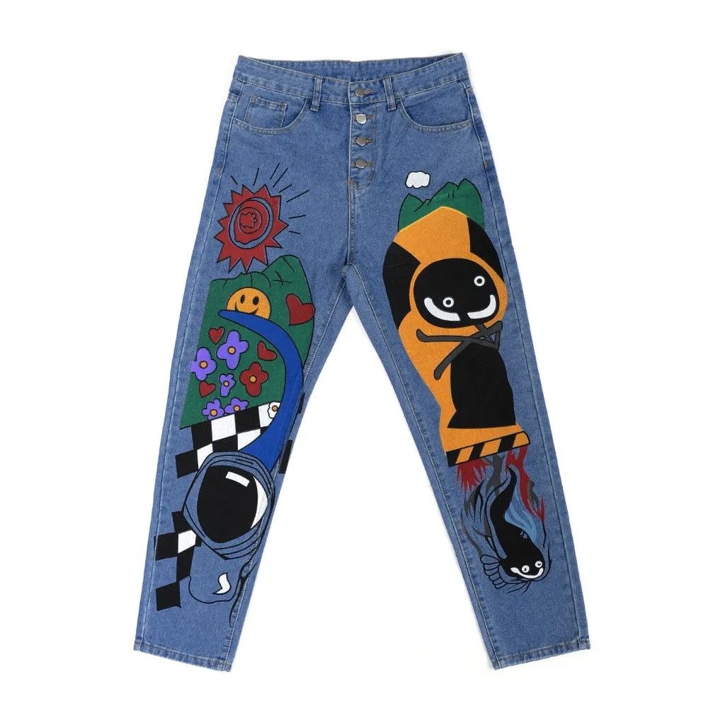 Women’s Cartoon Printed Jeans Atumn Winter Girls Harem Pant Trousers Single Breasted Pants Denim Female Hight Waist Denim Jean