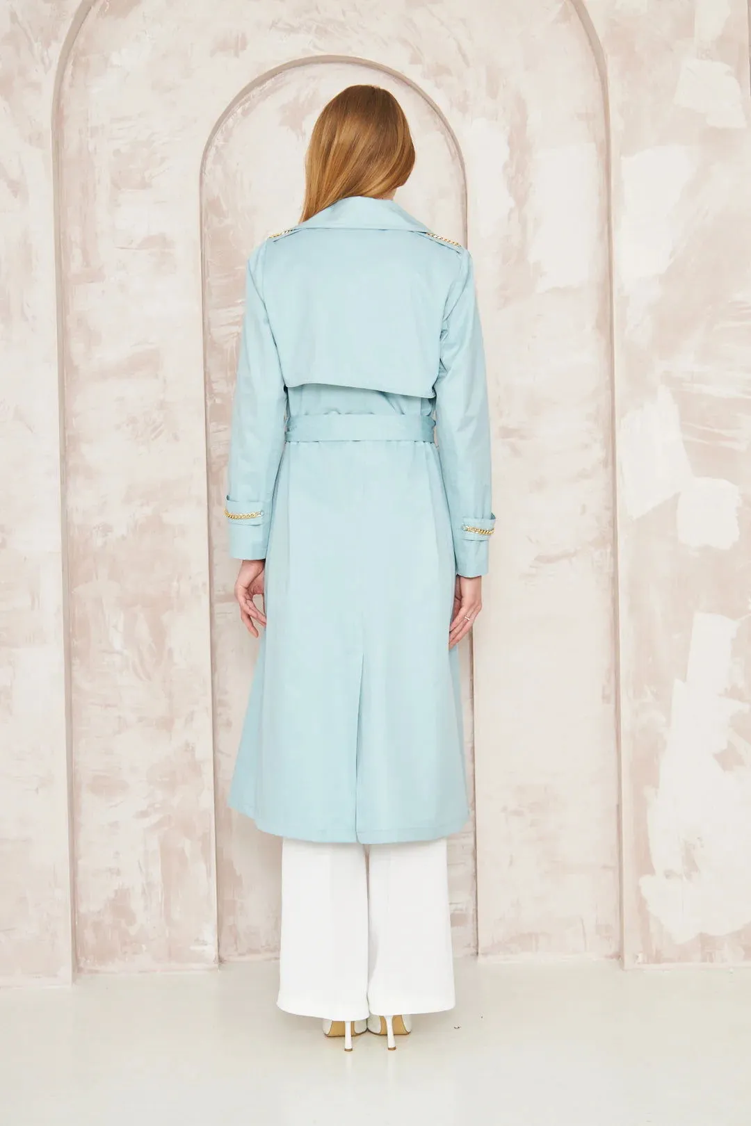 Women's Gold Button Chain Long Trench Coat Baby Blue - SCB-W12384