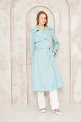 Women's Gold Button Chain Long Trench Coat Baby Blue - SCB-W12384