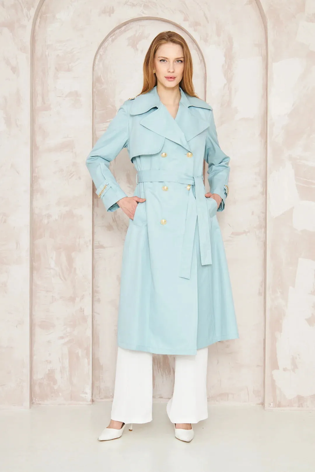 Women's Gold Button Chain Long Trench Coat Baby Blue - SCB-W12384