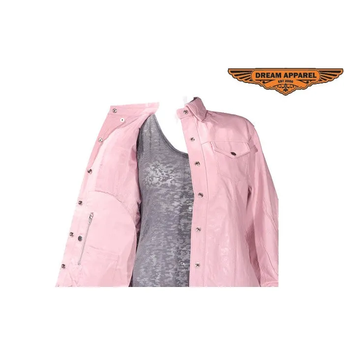 Womens Leather Pink Shirt With Snaps Lining