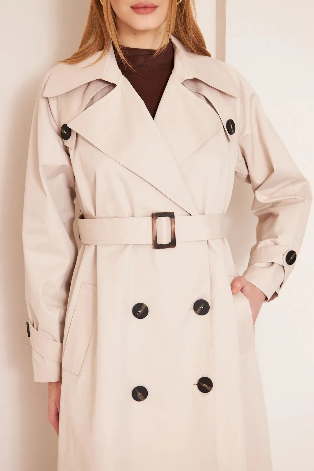 Women's Long Trench Coat with Button Detail - Stone - SCB-W12397