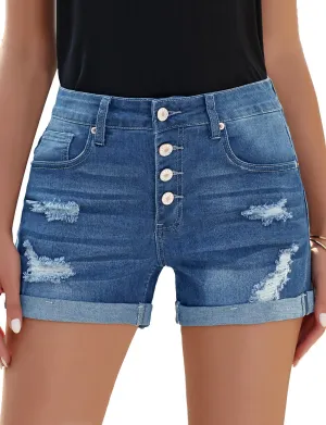 Women's Mid Rise Ripped Distressed Jeans Frayed Raw Hem Denim Shorts